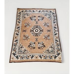 Vintage BIEDERLACK Blanket Reversible Germany 73 x 57 Floral Geometric Tan Grey